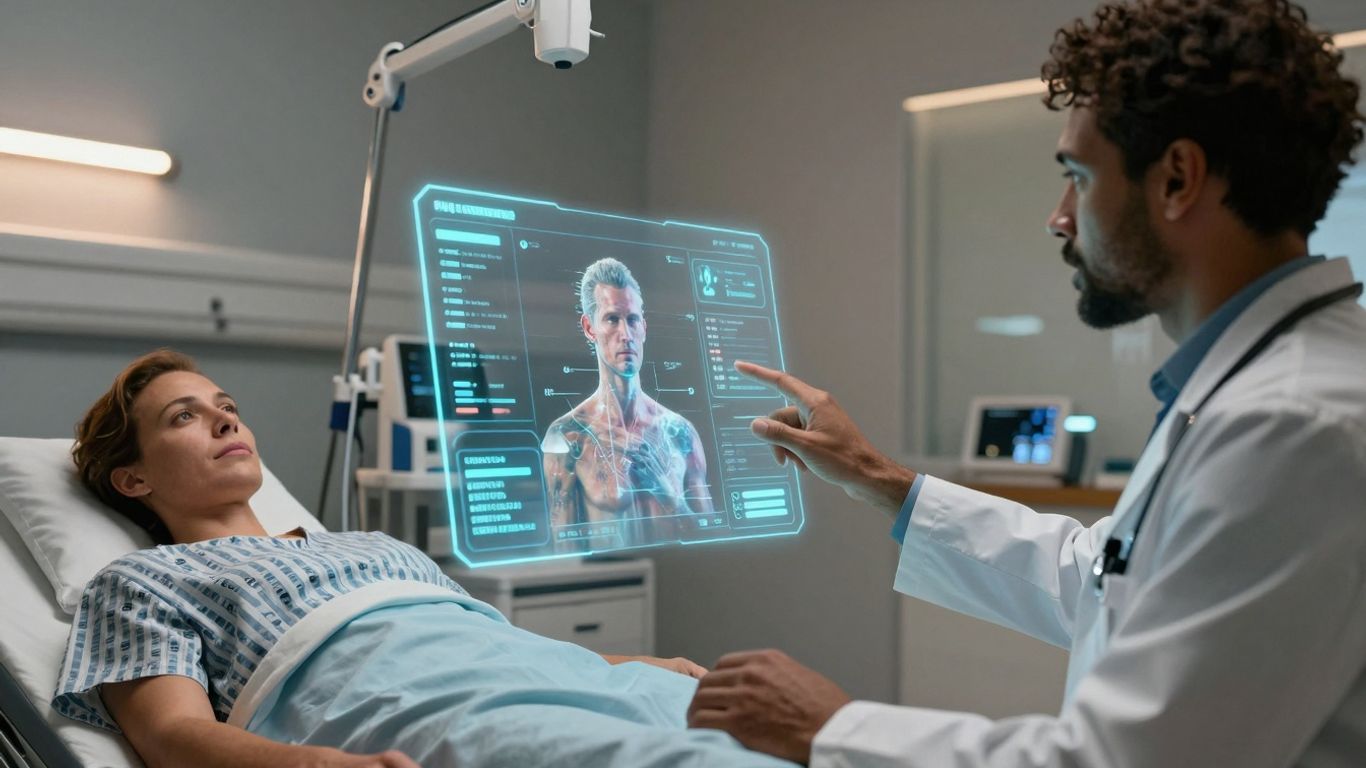 Doctor using AI interface in hospital room.