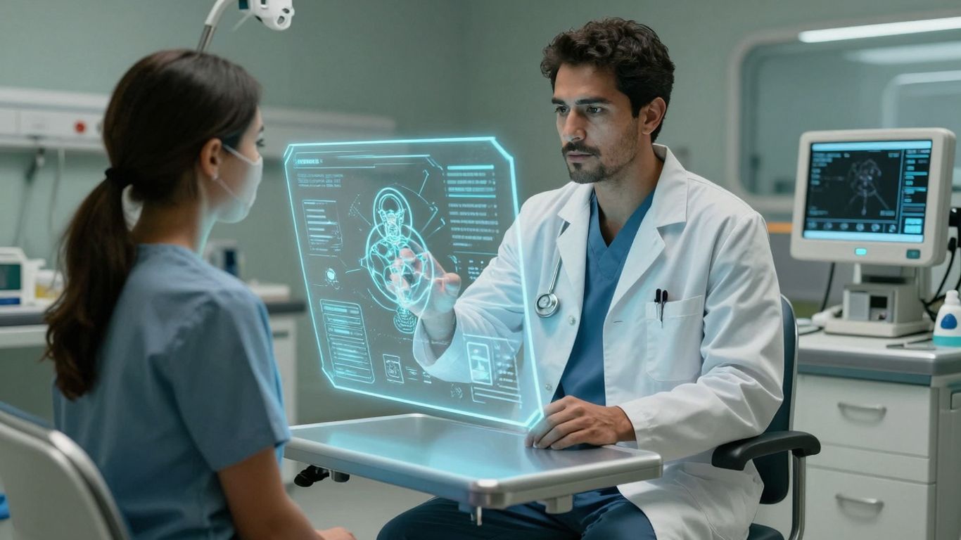 AI voice agent assisting doctor and patient in futuristic hospital.