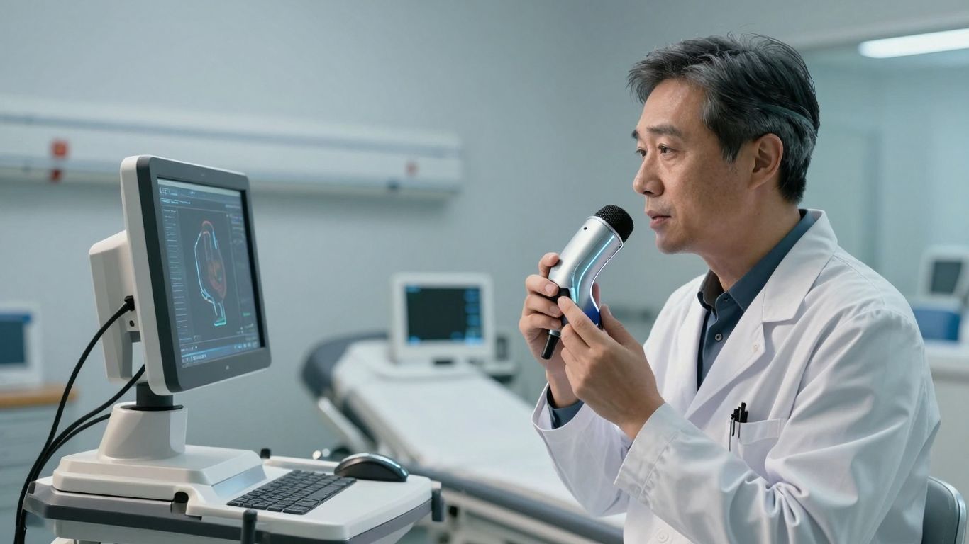Doctor using voice AI in a modern hospital setting.
