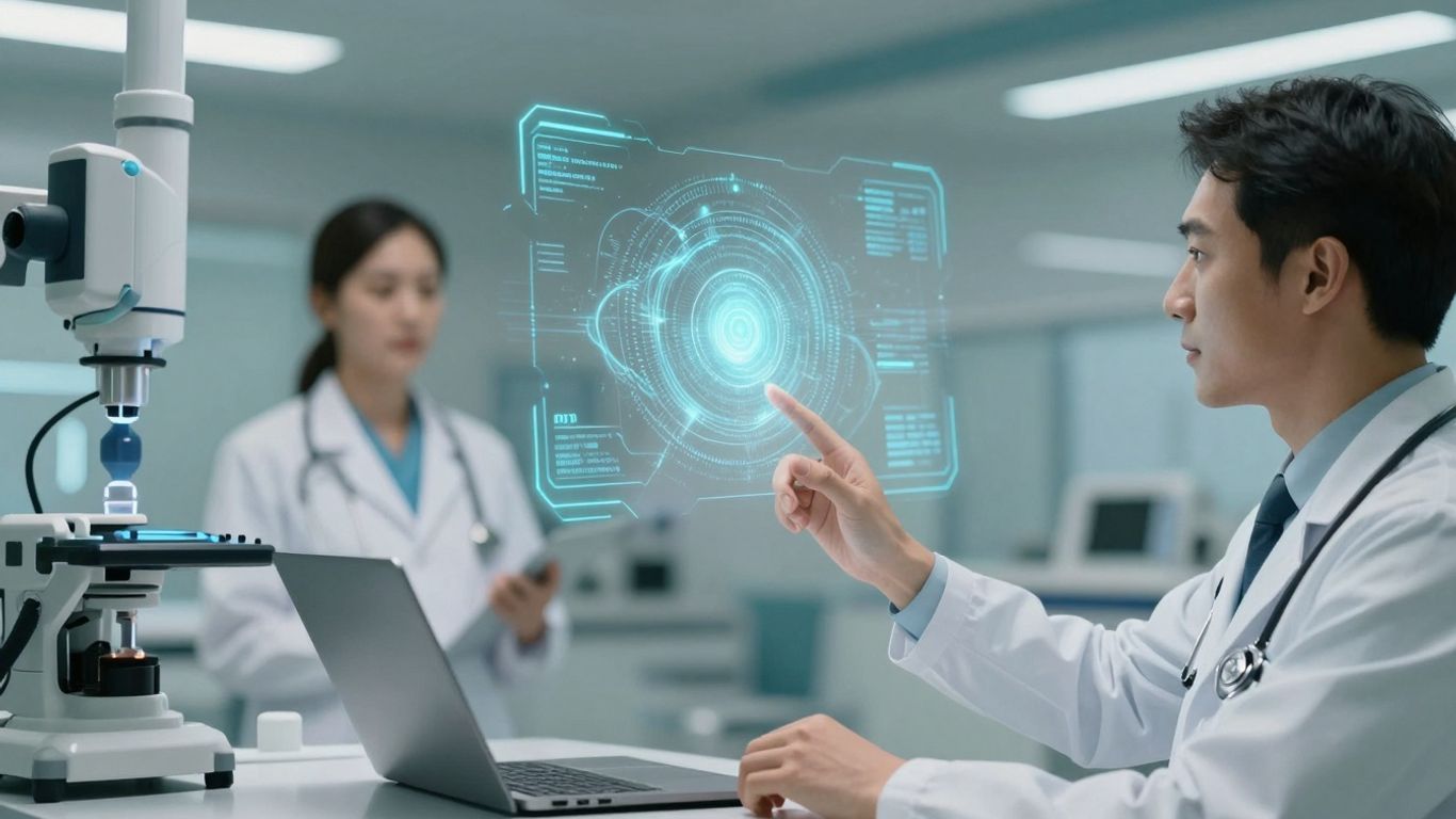 AI voice interface in a modern healthcare environment.