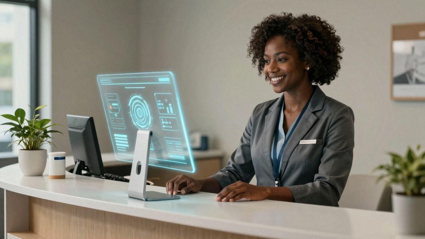 AI voice receptionist in a modern clinic setting.