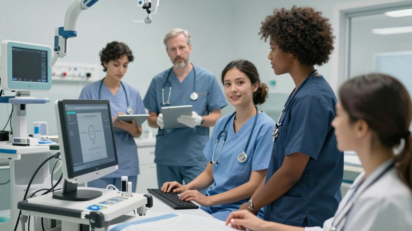 Healthcare professionals using advanced communication technology.