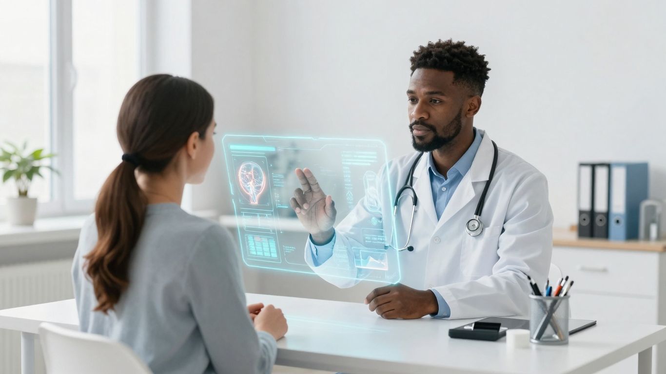 Doctor and patient using futuristic AI healthcare technology.