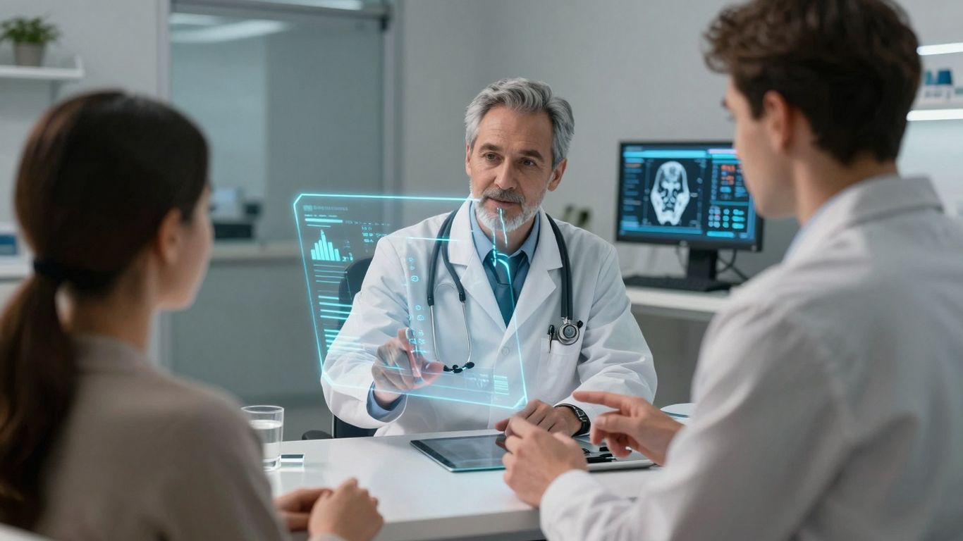 Doctor and patient using futuristic healthcare technology.