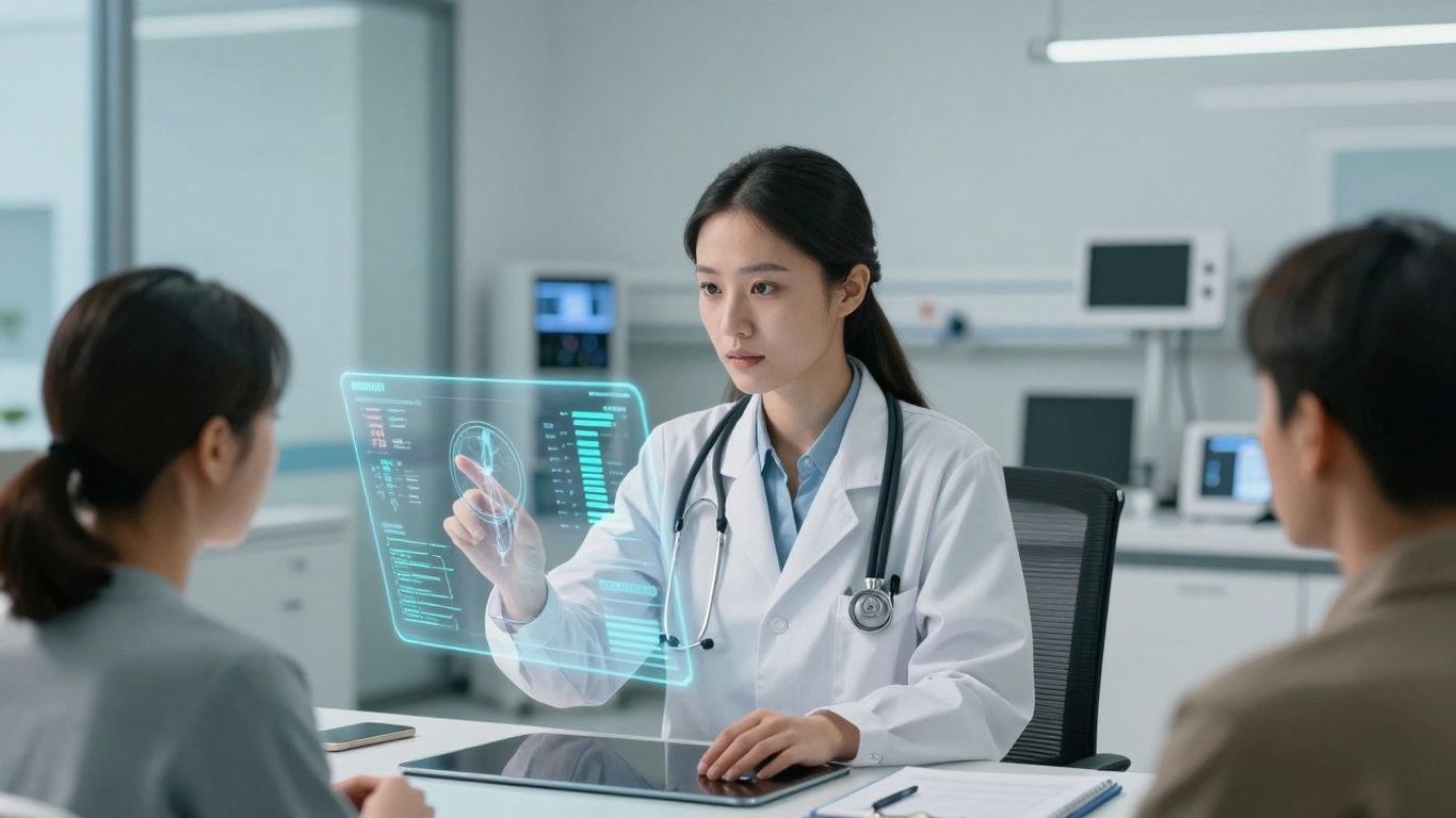 Doctor and patient using holographic medical interface.