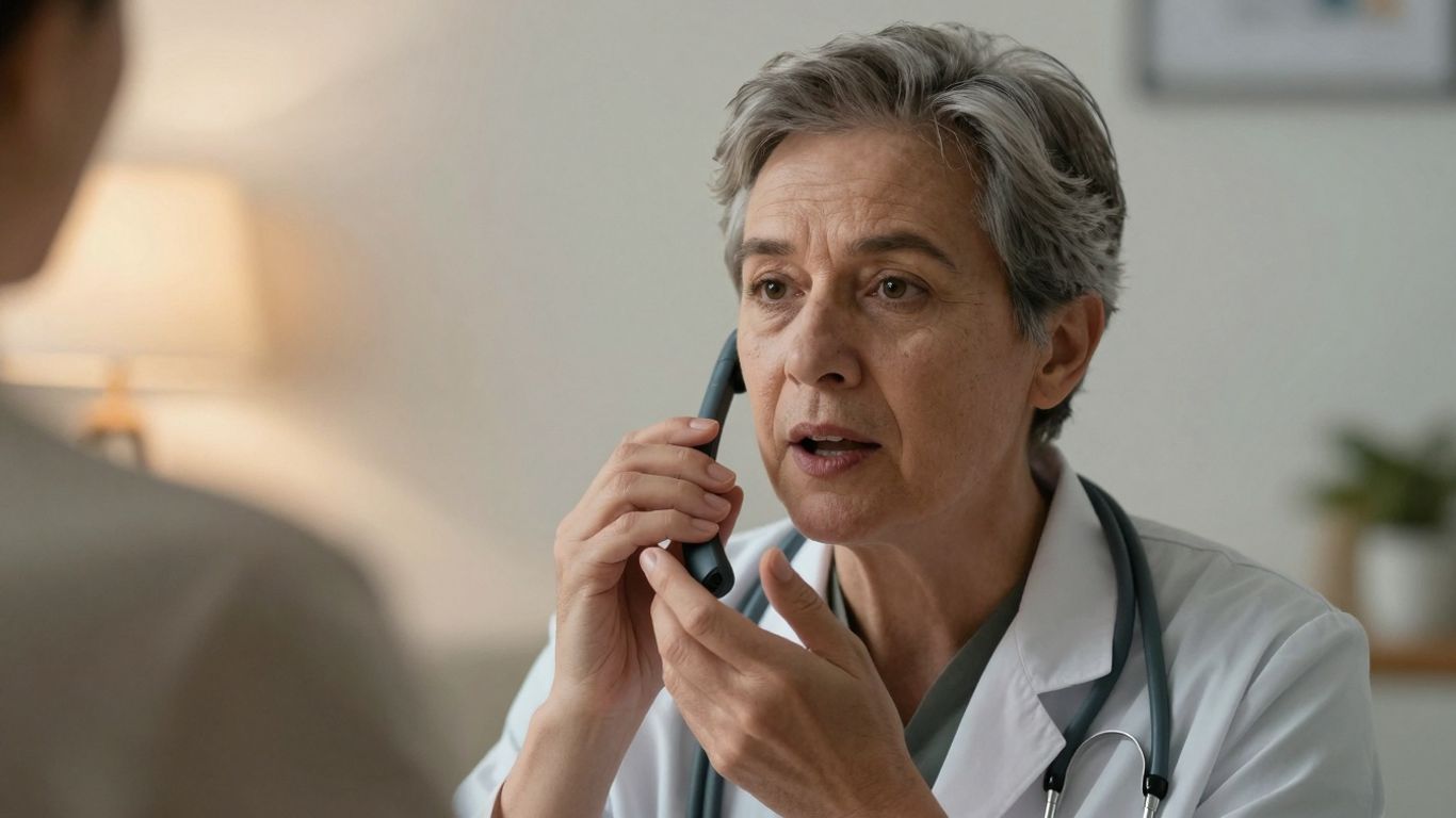 Healthcare professional using voice AI for patient engagement.