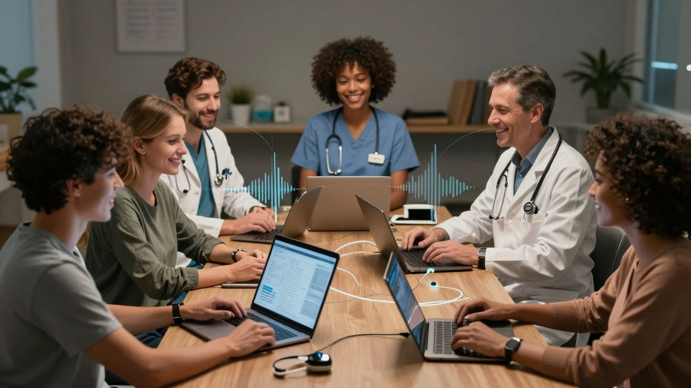 Patients and doctors communicating via devices, connected by sound waves.