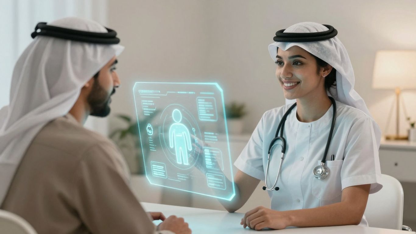 Nurse and patient with AI interface in healthcare setting.