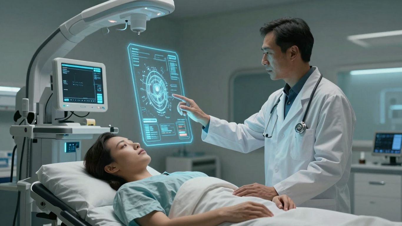 Doctor using AI voice assistant in a modern hospital setting.