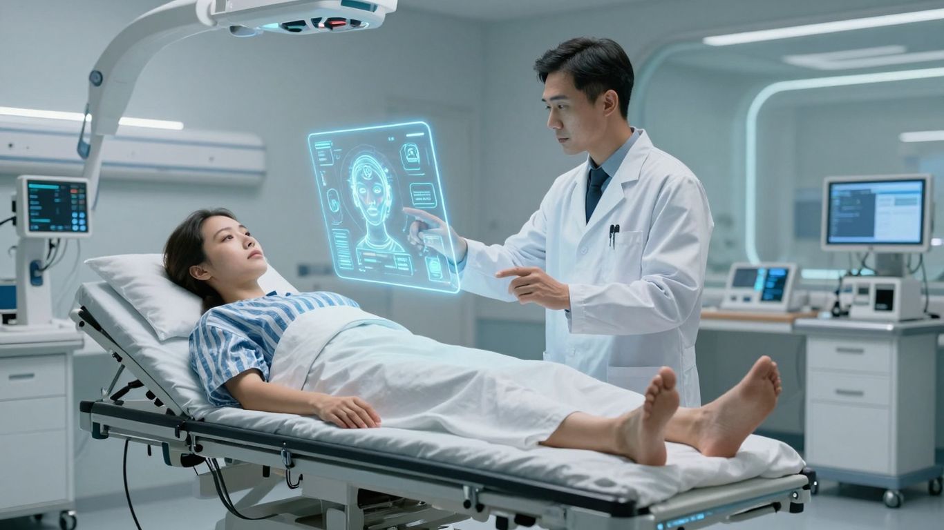 Doctor uses AI voice assistant in futuristic hospital room.