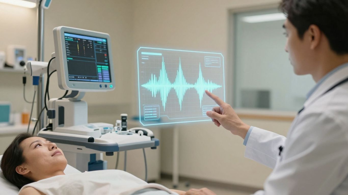 Doctor using AI voice technology in a modern healthcare setting.