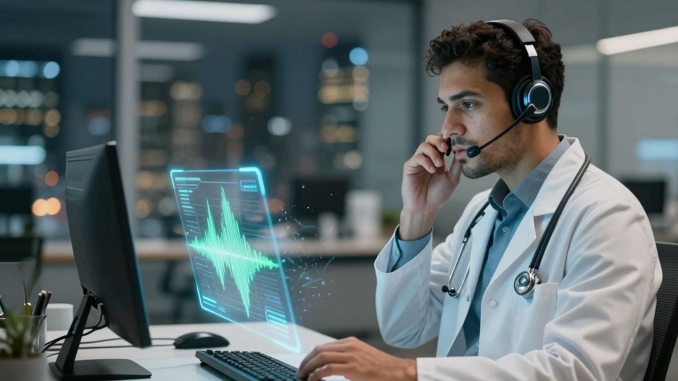 Doctor using advanced voice AI for healthcare communication.
