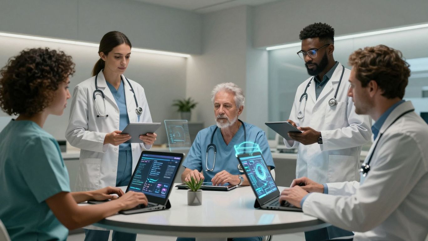 Healthcare professionals using advanced communication technology.