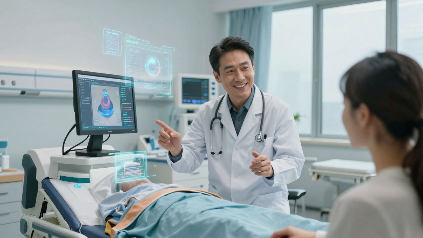 Doctor and patient in a modern hospital room with AI.