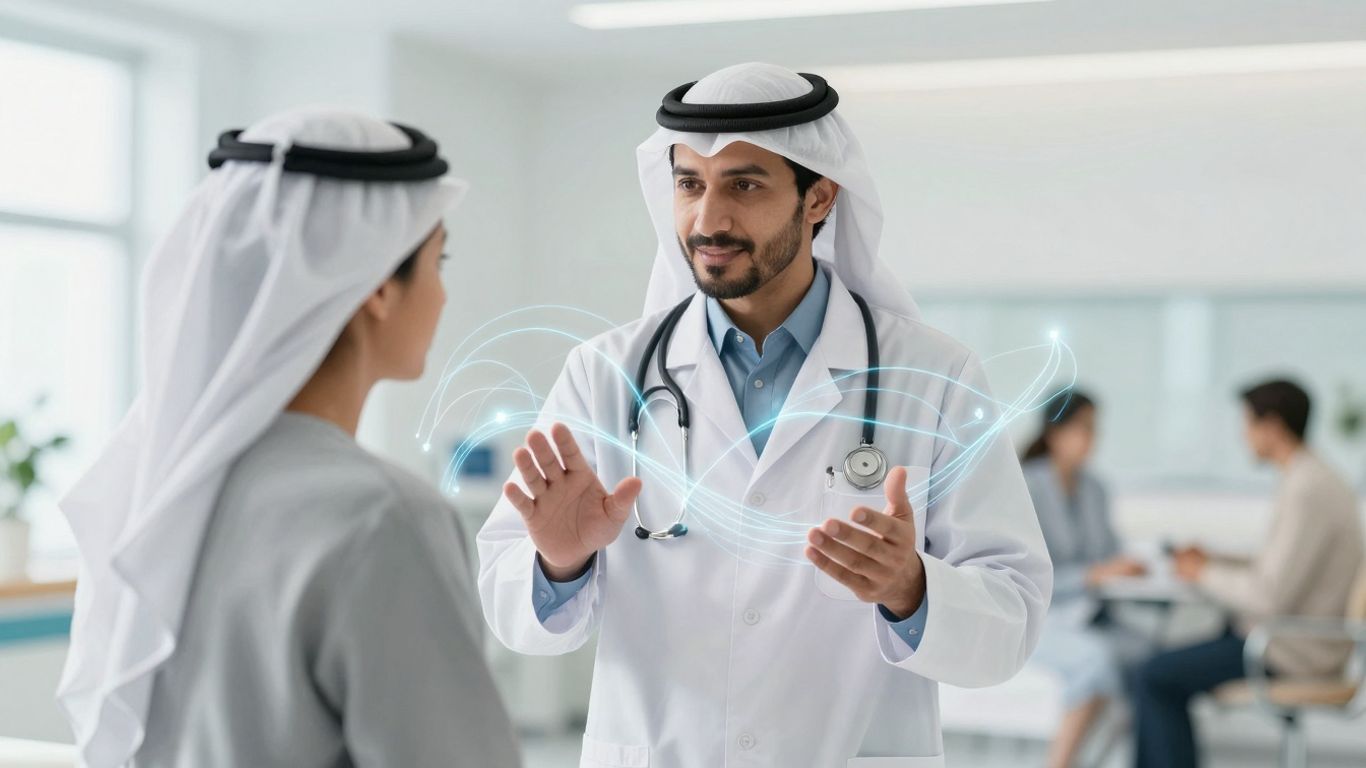 Doctor and patient with AI technology overlay.