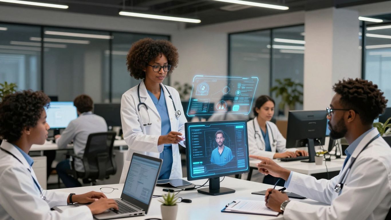 Healthcare professionals using advanced communication technology.