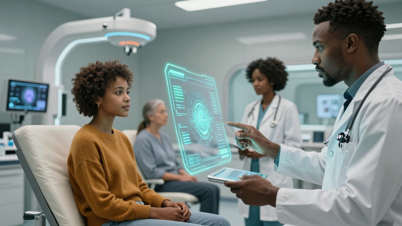 Futuristic healthcare communication with AI interfaces.