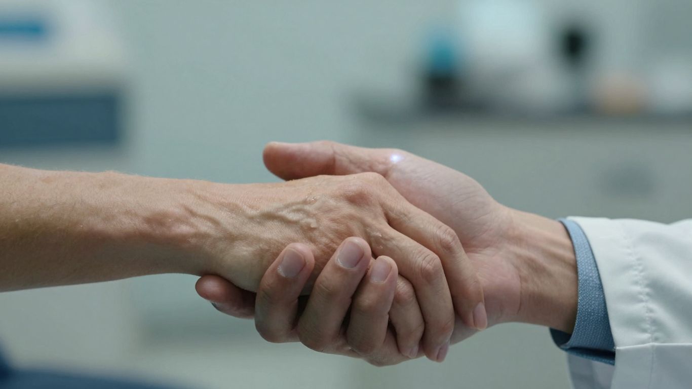 Doctor and patient hands with futuristic glow.
