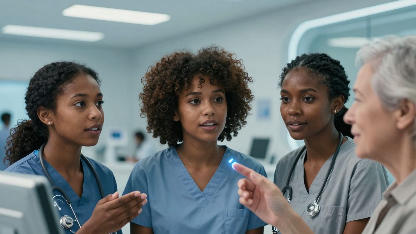 Patients engaging with AI voice technology in a healthcare setting.