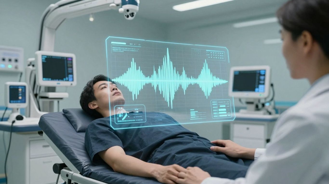 AI voice agent interface in a futuristic healthcare setting.