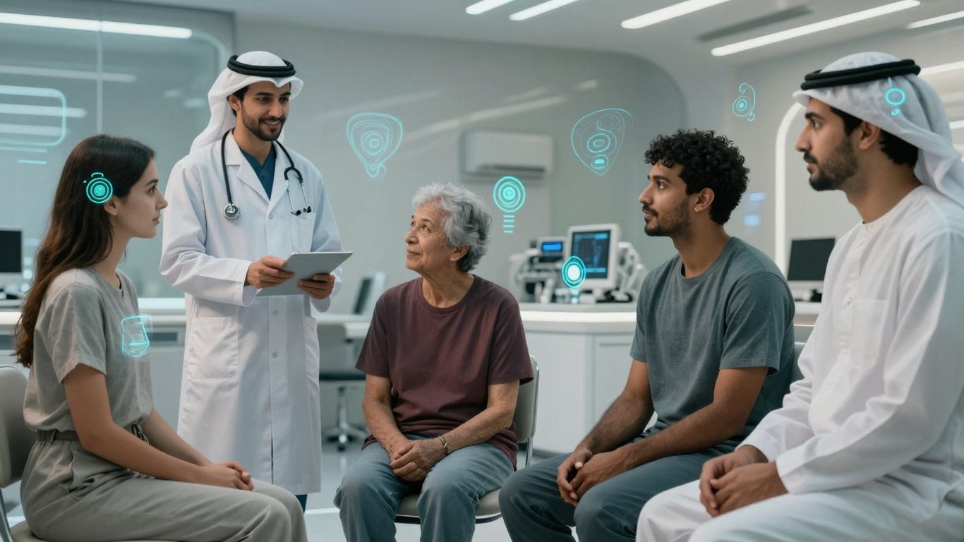 AI voice agents assisting patients in a modern healthcare setting.