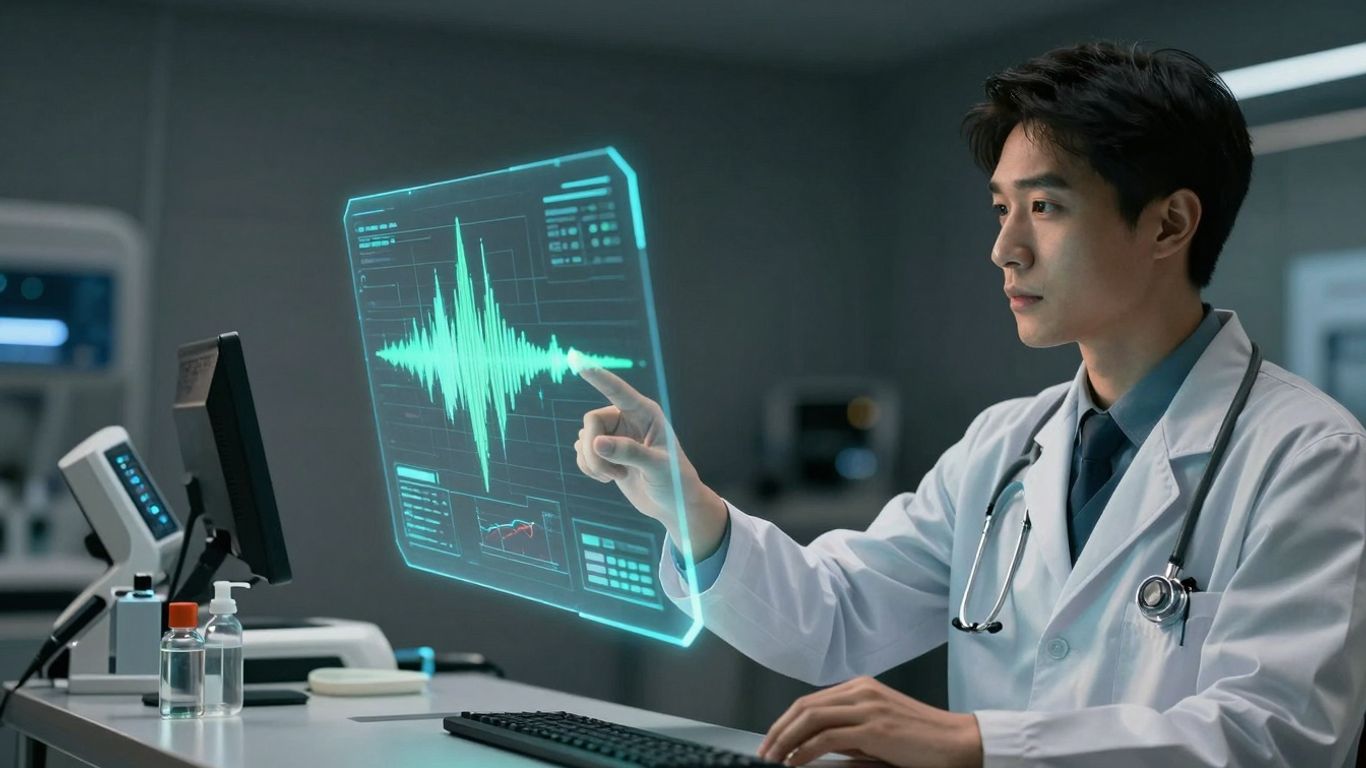 Doctor using AI interface in futuristic healthcare setting.