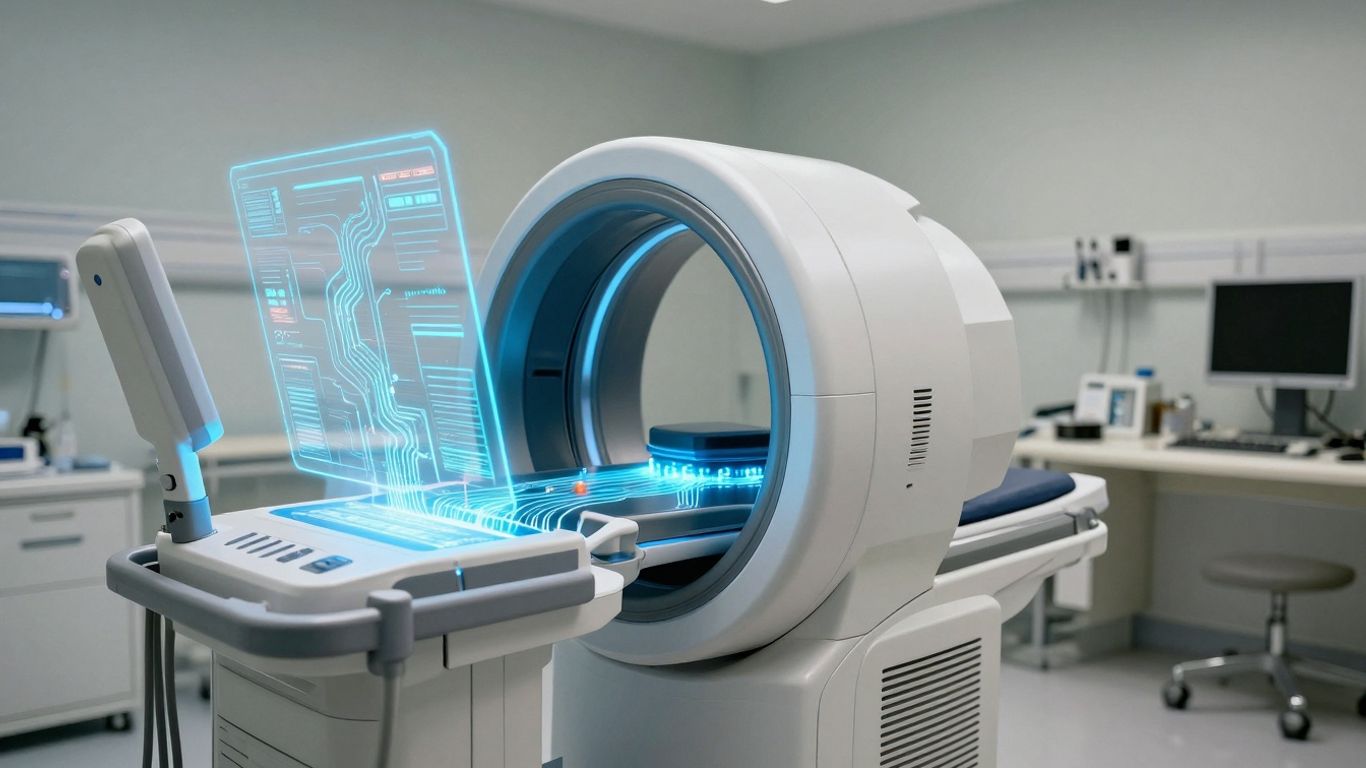 Futuristic medical scanner with holographic interface in hospital.