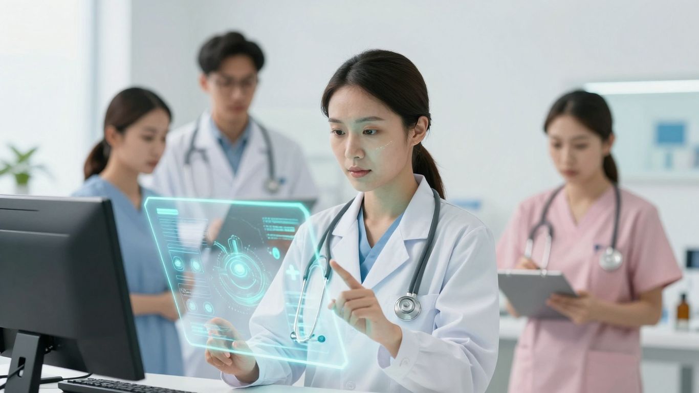 Healthcare professionals using advanced AI technology for patient care.