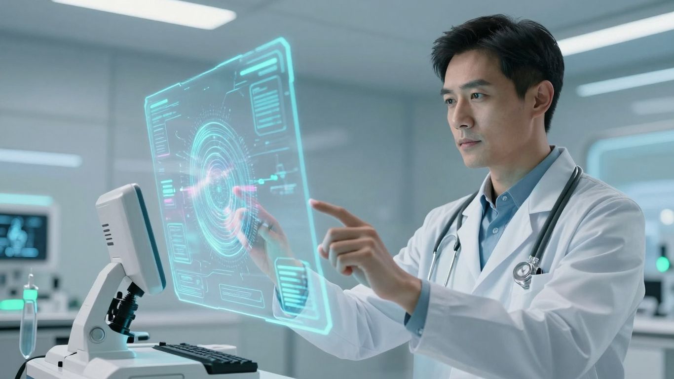 Doctor interacting with advanced healthcare AI interface.