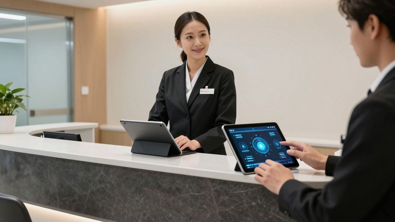 Receptionist using advanced technology in a modern hospital.