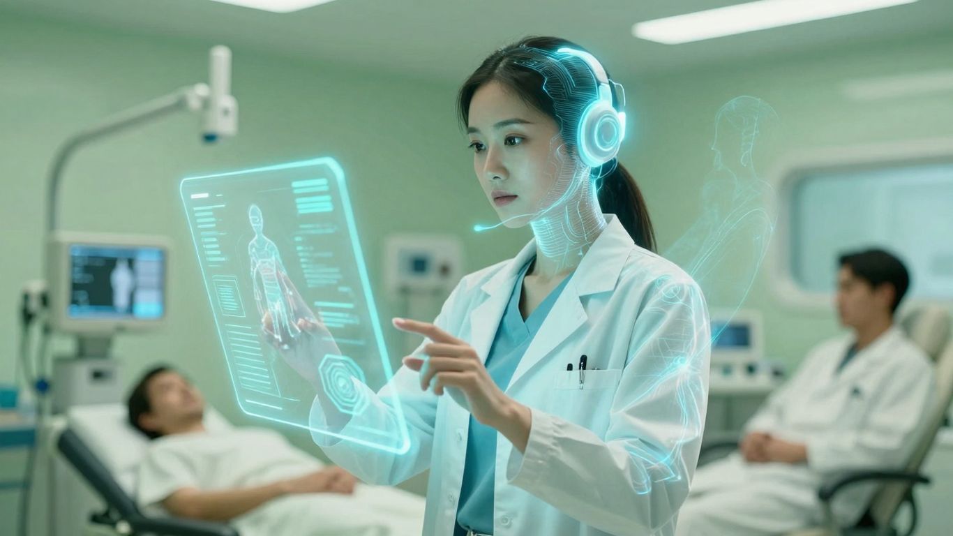 AI voice agent interface in a futuristic healthcare setting.