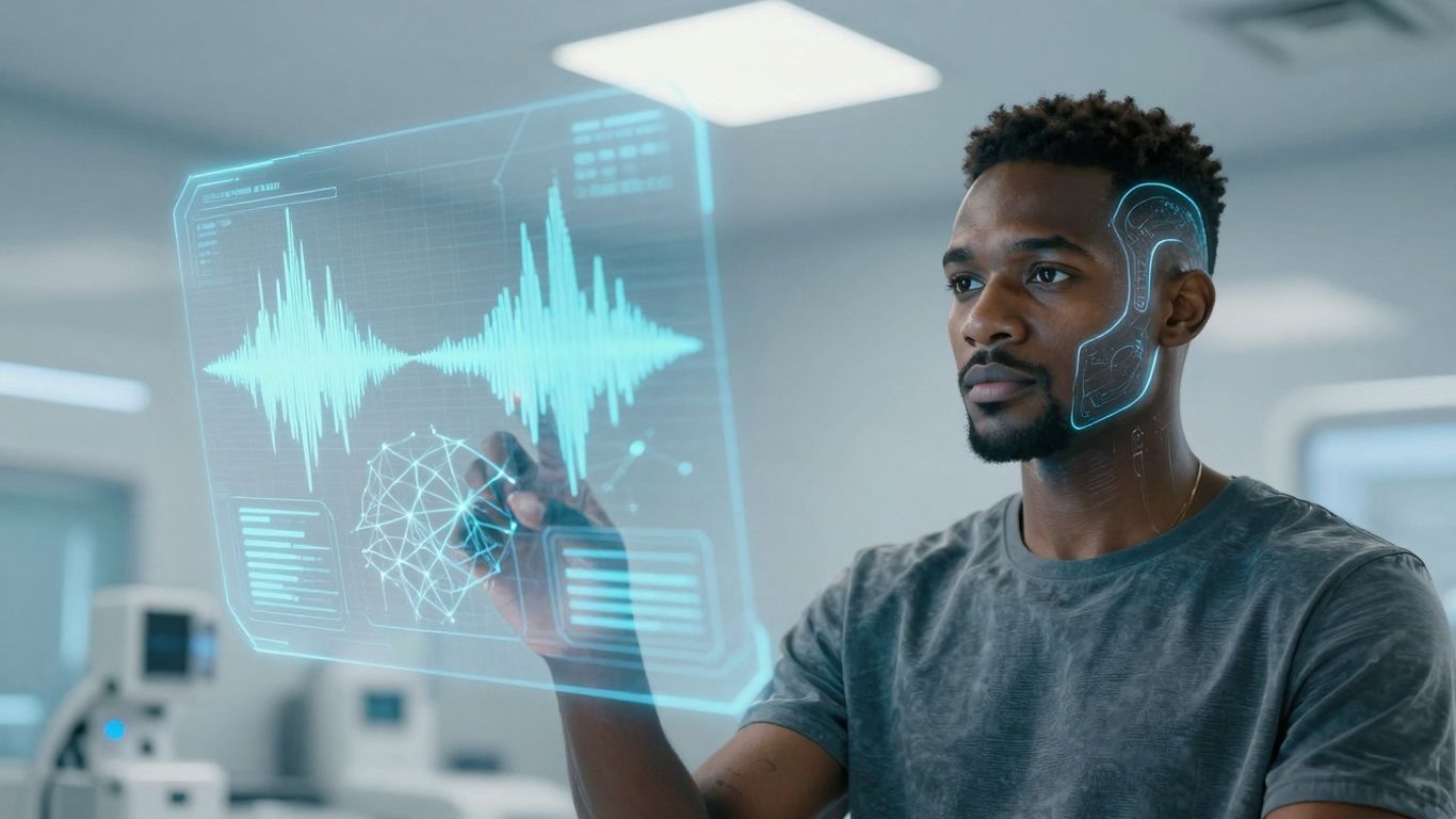 AI voice agent interface in a futuristic healthcare setting.