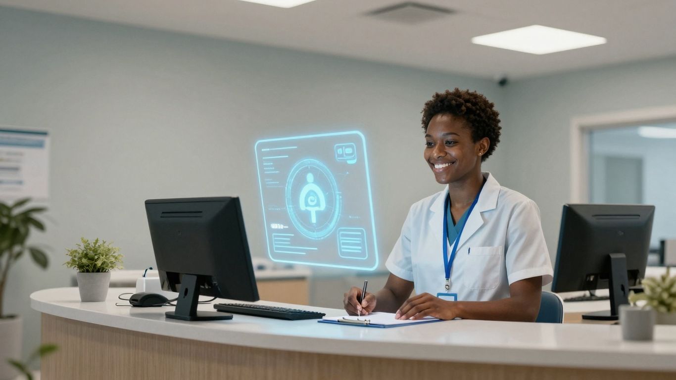 AI voice agent in a modern healthcare reception area.