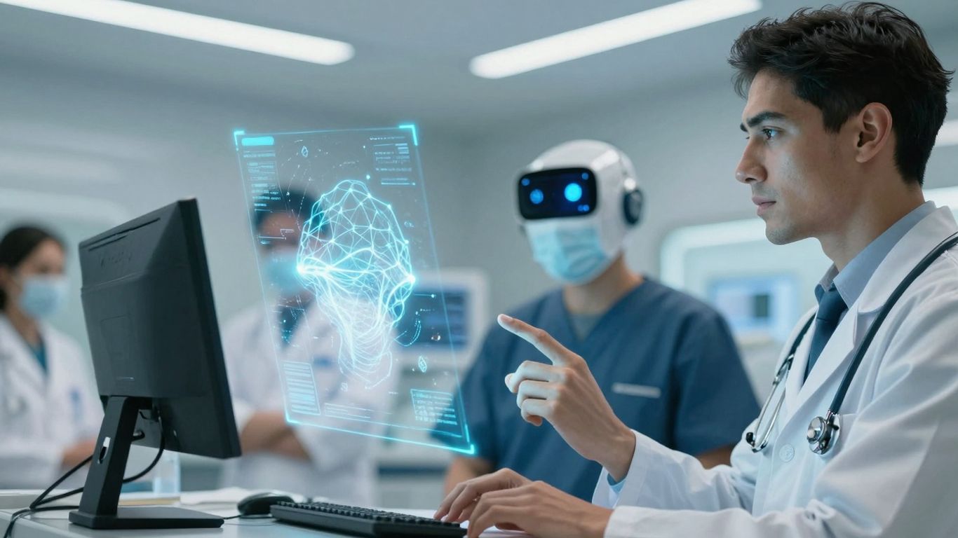 AI voice assistant in a futuristic healthcare setting.