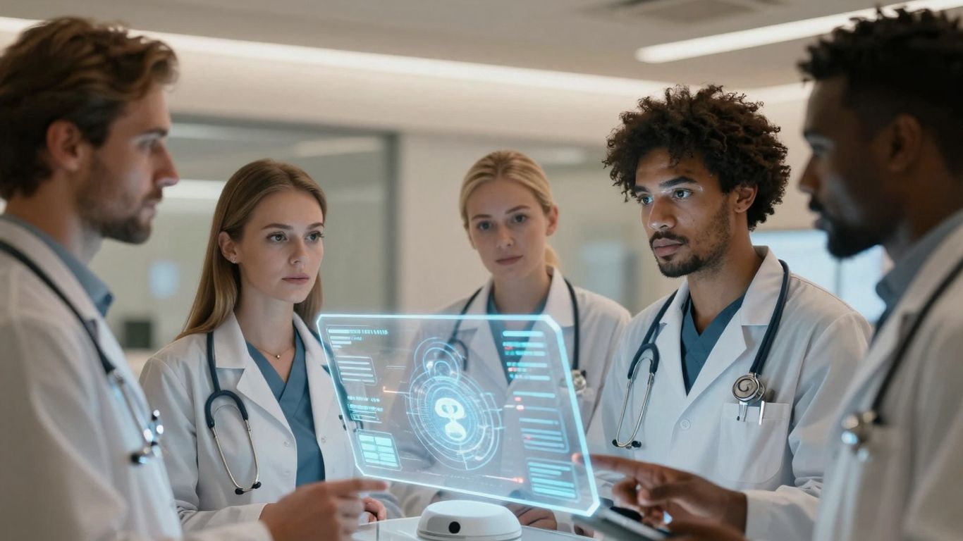 Healthcare AI voice assistant interface and medical professionals.