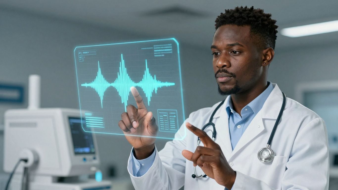 Doctor using voice AI interface in a hospital.