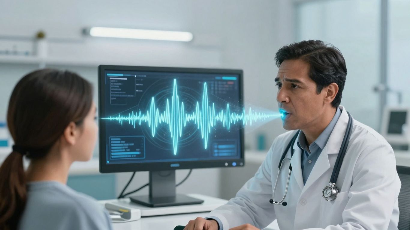 Doctor and patient with voice AI sound waves.