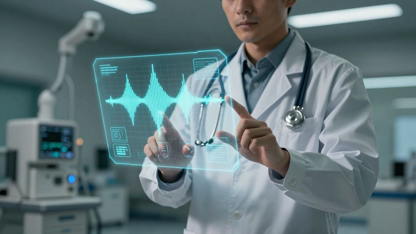 Doctor using voice AI in a futuristic clinical setting.