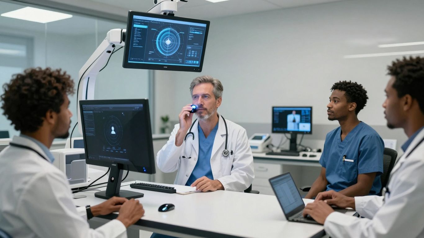 Healthcare professionals using advanced voice AI technology.