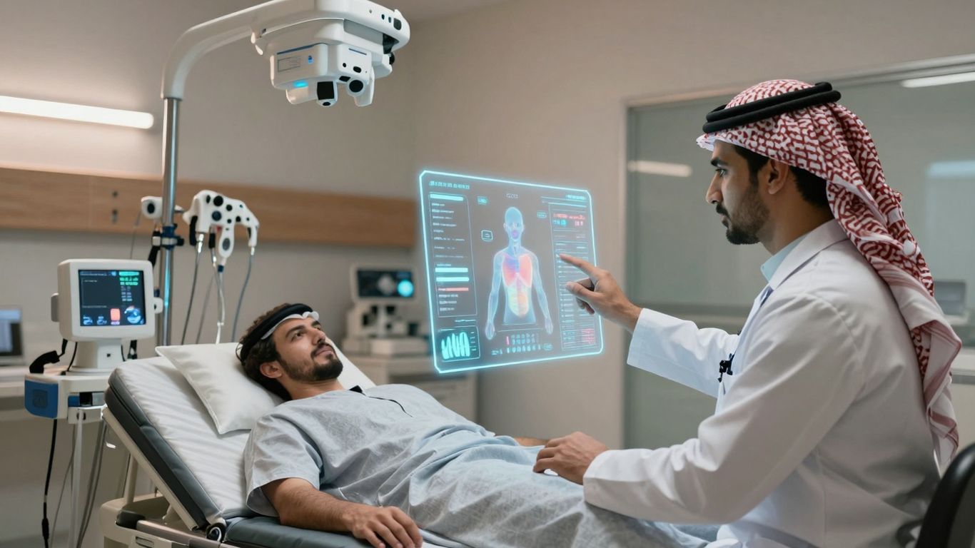 Doctor using advanced technology in a hospital room.