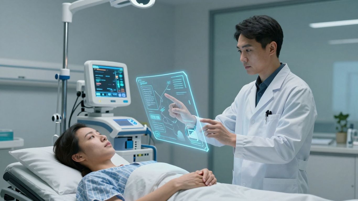 Doctor using advanced AI interface in a hospital room.