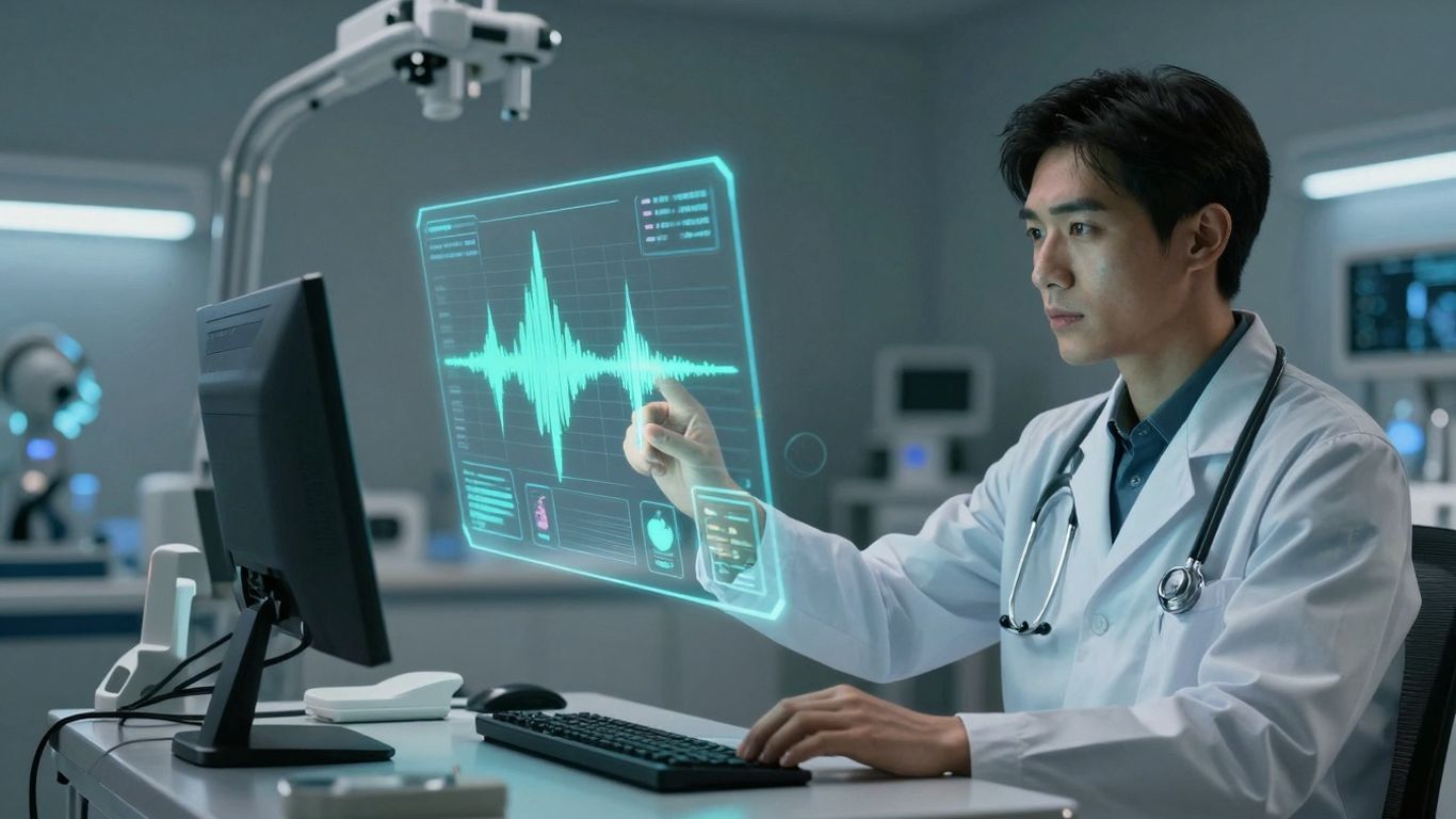 Doctor using AI voice technology in a modern healthcare setting.