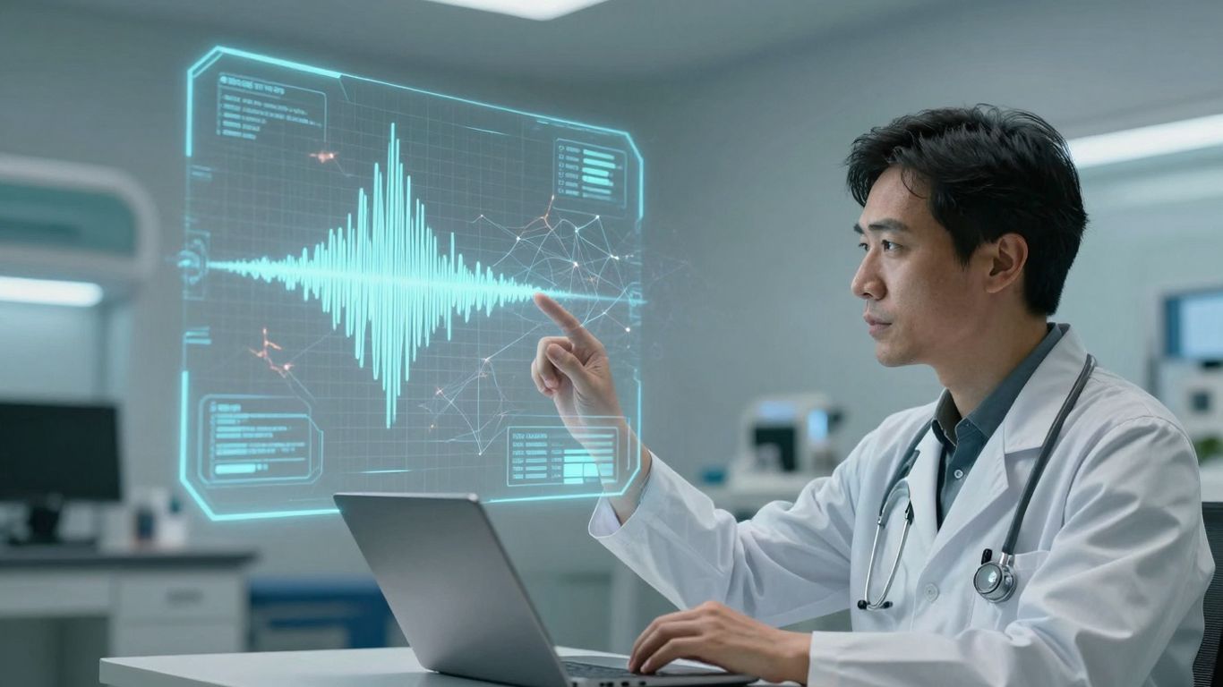 Doctor using AI voice agent in a futuristic healthcare setting.