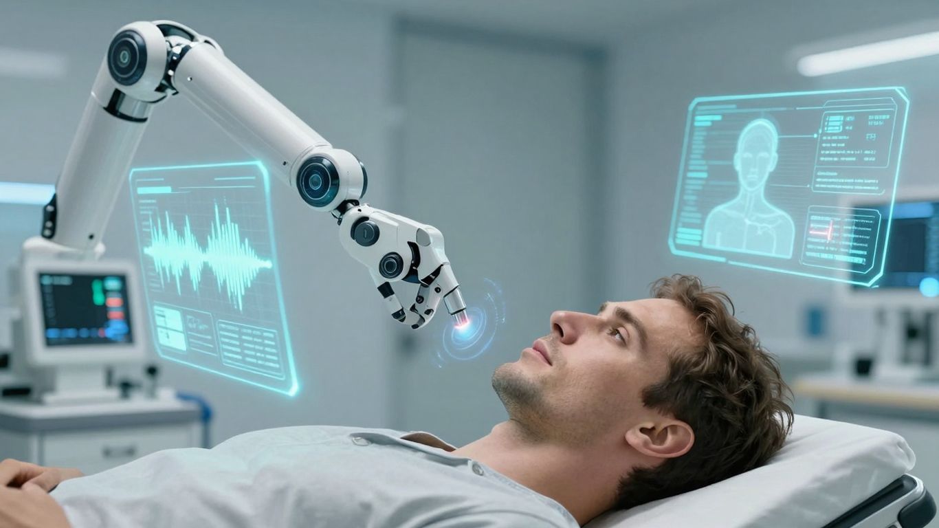 AI voice agents in a futuristic healthcare setting.