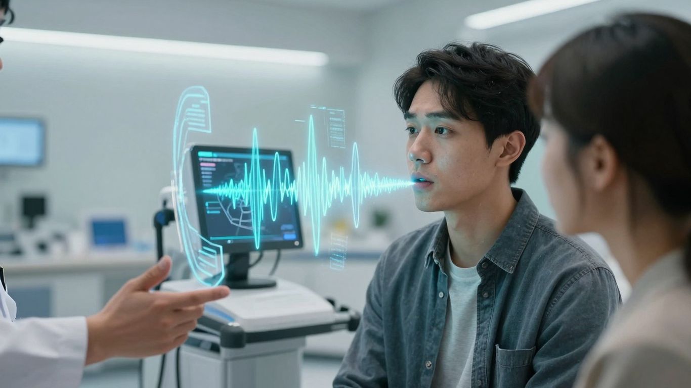 Doctor and patient with voice AI interface.