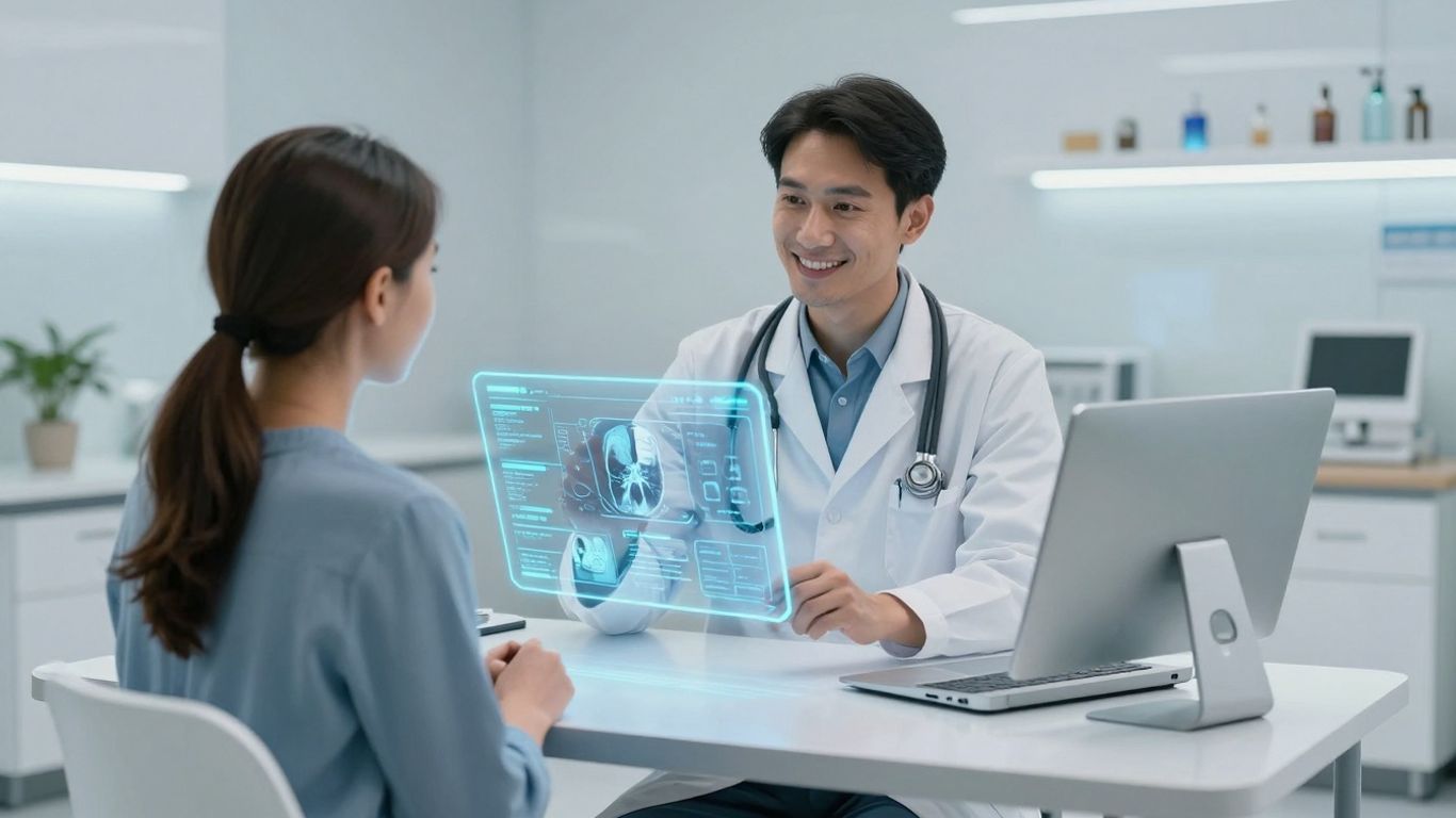 Doctor and patient using futuristic holographic medical interface.