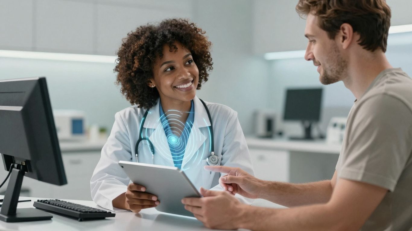 Doctor and patient communicating with AI translation technology.