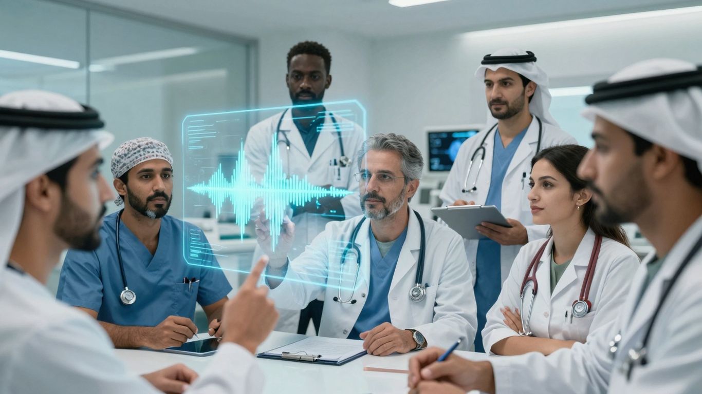 AI voice technology in a futuristic healthcare setting.