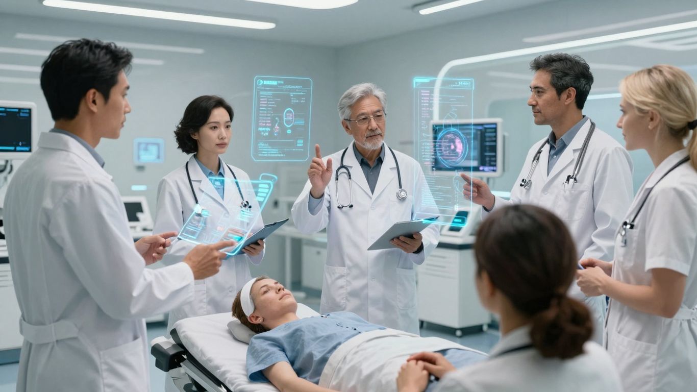 Futuristic healthcare with AI and holographic interfaces.