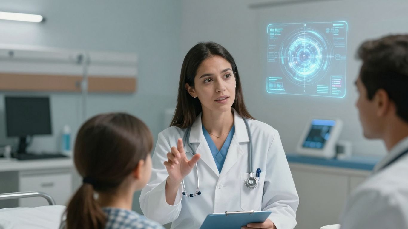 Doctor and patient interacting with AI in a hospital room.
